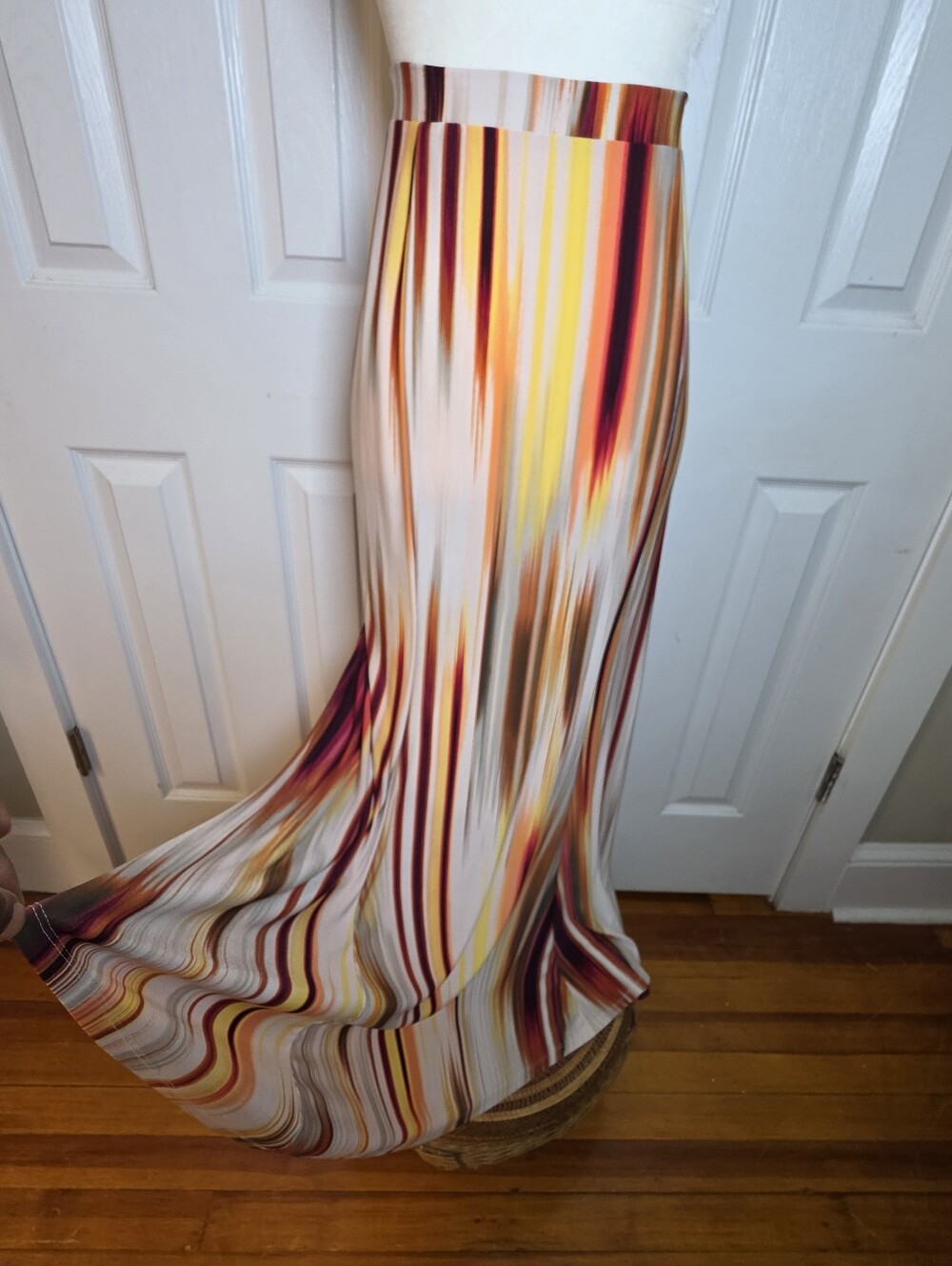 Cato Womens Striped Fishtail Maxi Skirt in Multicolor Yellow & Burgundy